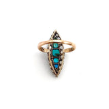 Victorian Navette Shaped 14K Gold & Silver Topped Ring with Turquoise & Diamonds Ring Kirsten's Corner