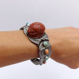 Egyptian Revival Turquoise & Coral, Scarab Silver Bracelet Bracelet Kirsten's Corner Jewelry