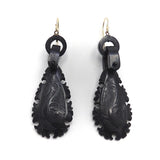 Victorian Era Carved Whitby Jet & 14K Gold Tear Drop Earrings Earrings Kirsten's Corner Jewelry