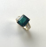 14K Gold Indicolite Emerald Cut Tourmaline and Diamond Cocktail Ring