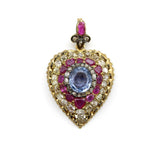 18K Gold Early Victorian Sapphire Ruby and Diamond Heart Pendant Kirsten's Corner