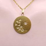 18K Gold Star, Moon, and Wheat Medallion with Rose Cut Diamonds Pendant, Charm Kirsten's Corner