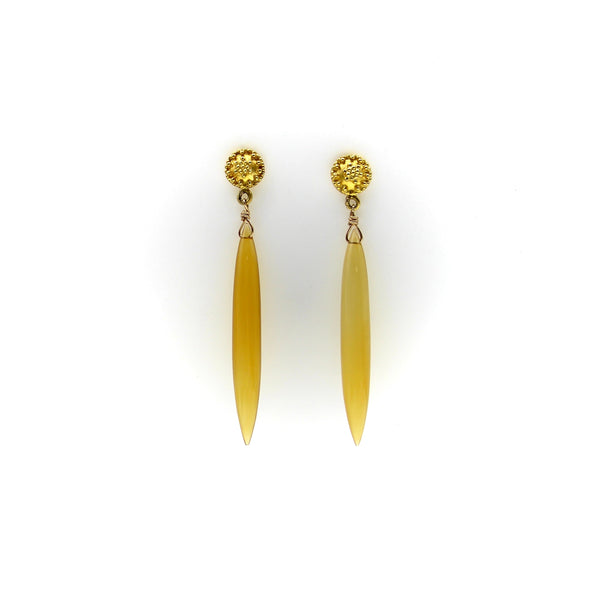 18K Gold Etruscan Revival Chalcedony Torpedo Drop Earrings Earrings Kirsten's Corner 