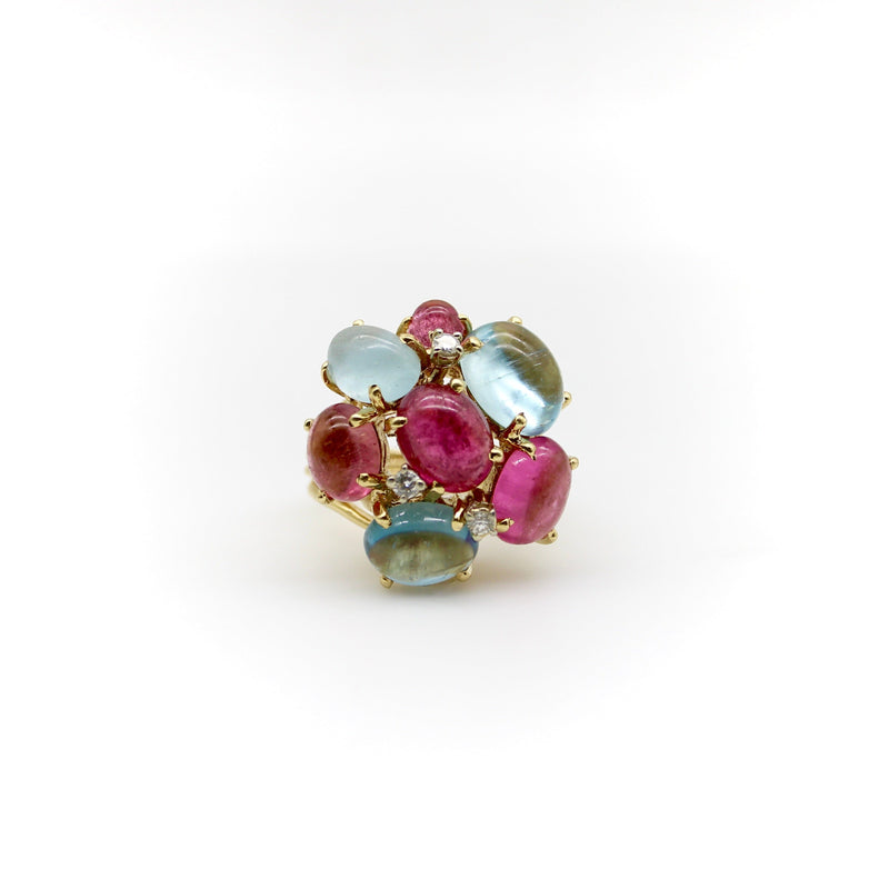 14K Gold Vintage Tutti Frutti Aquamarine Diamond and Pink Tourmaline Cocktail Ring RING Kirsten's Corner 