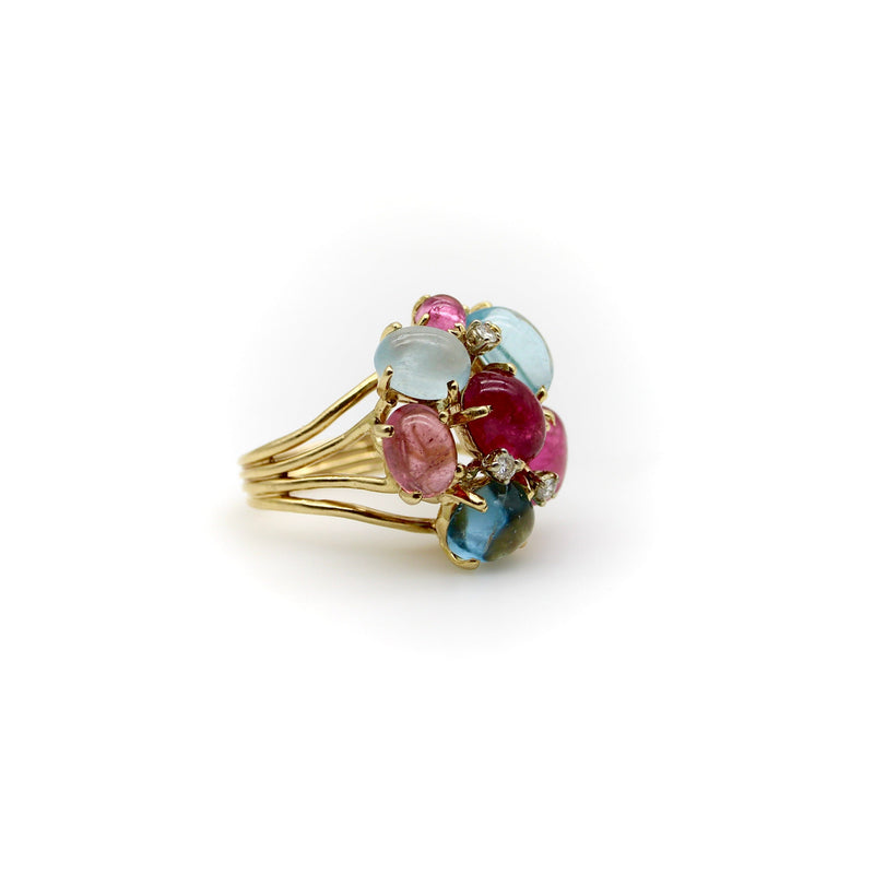 14K Gold Vintage Tutti Frutti Aquamarine Diamond and Pink Tourmaline Cocktail Ring RING Kirsten's Corner 