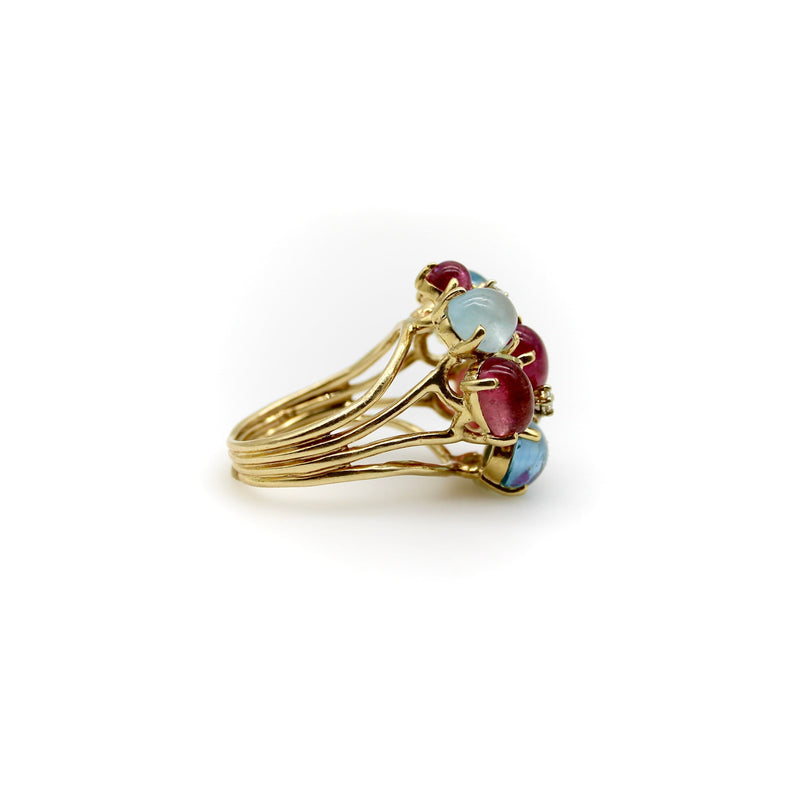 14K Gold Vintage Tutti Frutti Aquamarine Diamond and Pink Tourmaline Cocktail Ring RING Kirsten's Corner 