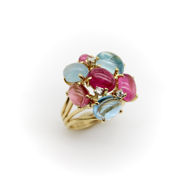 14K Gold Vintage Tutti Frutti Aquamarine Diamond and Pink Tourmaline Cocktail Ring RING Kirsten's Corner 