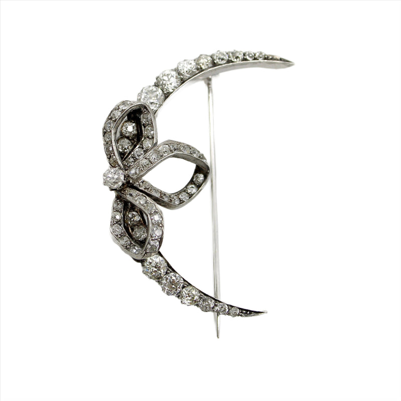 Victorian Old Mine Cut Diamond Crescent Moon with Bow Brooch Brooches, Pins Kirsten's Corner 