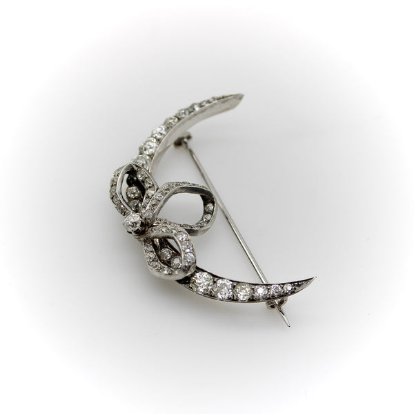 Victorian Old Mine Cut Diamond Crescent Moon with Bow Brooch Brooches, Pins Kirsten's Corner 