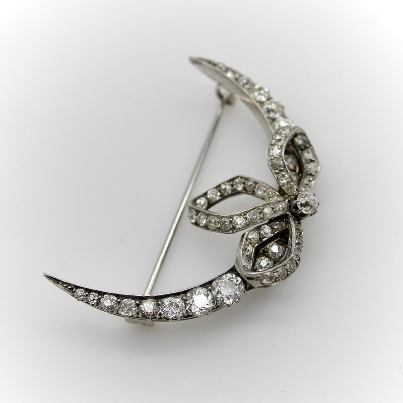 Victorian Old Mine Cut Diamond Crescent Moon with Bow Brooch Brooches, Pins Kirsten's Corner 