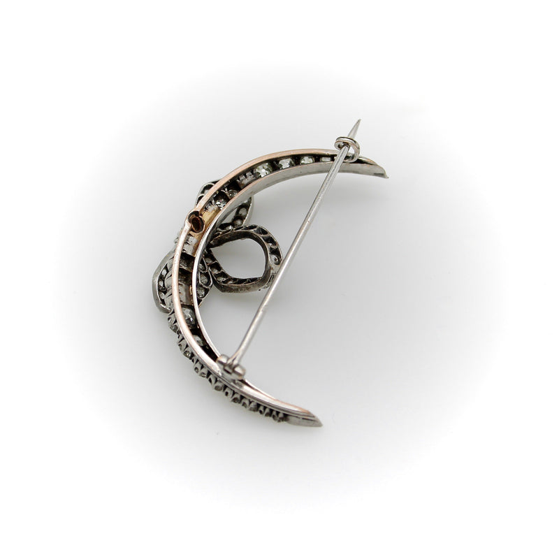 Victorian Old Mine Cut Diamond Crescent Moon with Bow Brooch Brooches, Pins Kirsten's Corner 