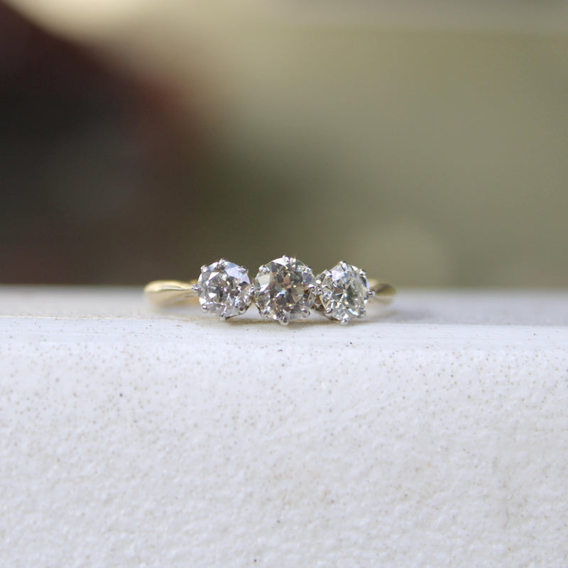 Art Deco 18K Gold & Platinum Three-Stone Old European Cut Diamond Ring ring Kirsten's Corner 