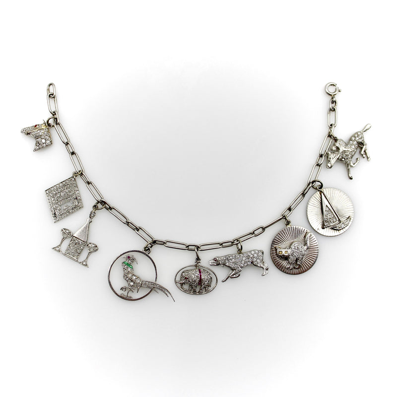 Edwardian Platinum Diamond Encrusted Fanciful Charm Bracelet jewelry Kirsten's Corner 