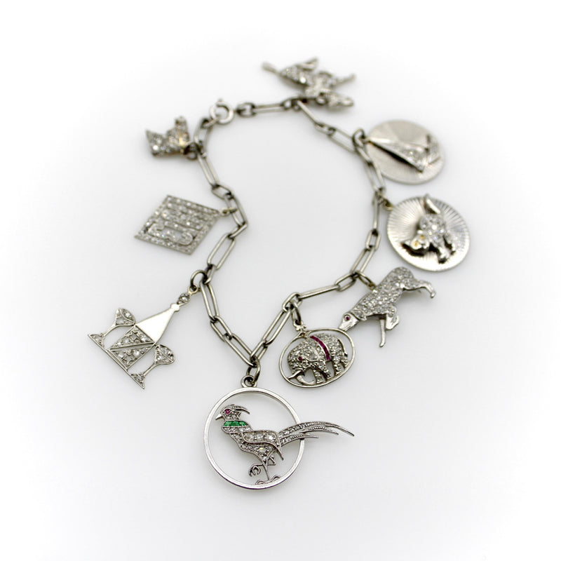 Edwardian Platinum Diamond Encrusted Fanciful Charm Bracelet jewelry Kirsten's Corner 