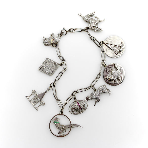 Edwardian Platinum Diamond Encrusted Fanciful Charm Bracelet jewelry Kirsten's Corner 