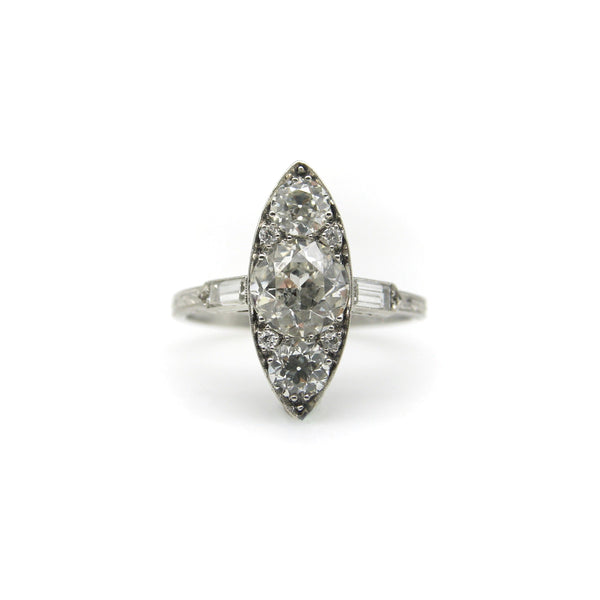 Edwardian Platinum Old European Cut Diamond Navette Shaped Ring RING Kirsten's Corner 