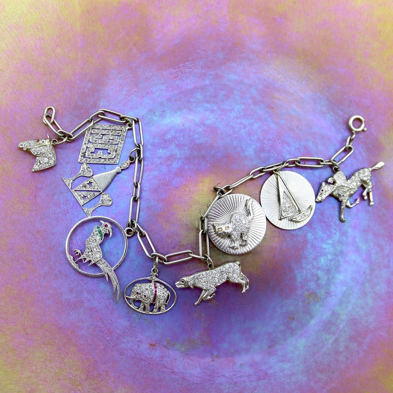 Edwardian Platinum Diamond Encrusted Fanciful Charm Bracelet jewelry Kirsten's Corner 