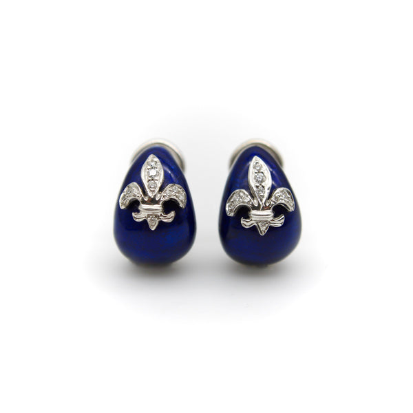 18K White Gold Hidalgo Enamel Fleur-de-lis Diamond Earrings Earrings Kirsten's Corner Jewelry 