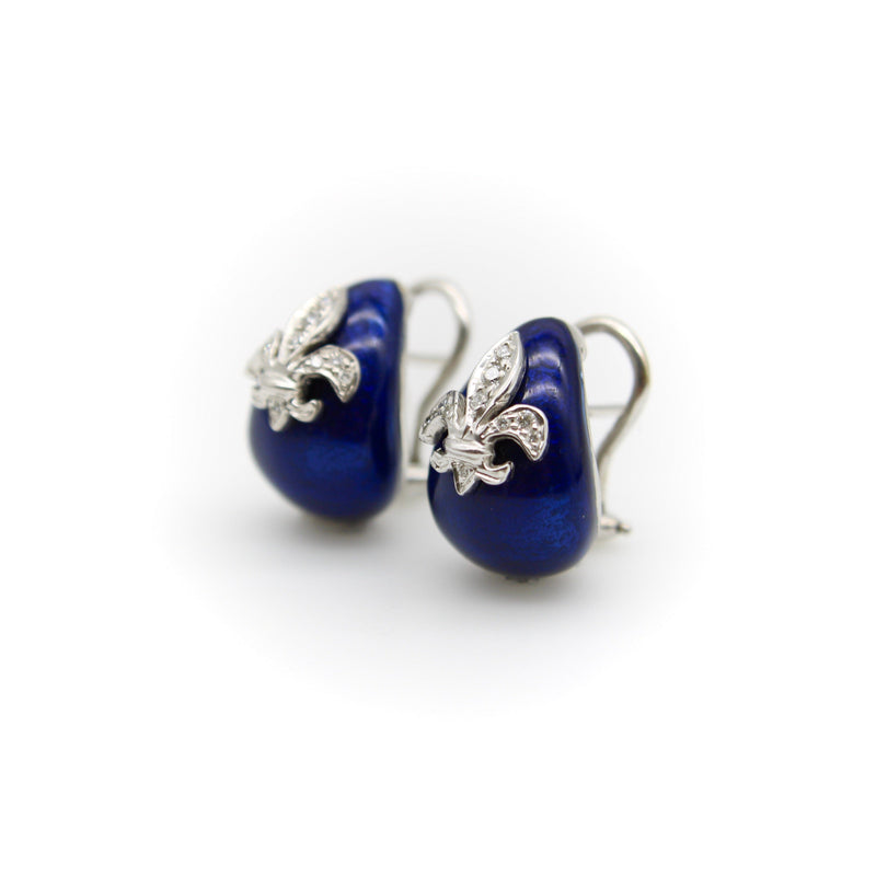 18K White Gold Hidalgo Enamel Fleur-de-lis Diamond Earrings Earrings Kirsten's Corner Jewelry 