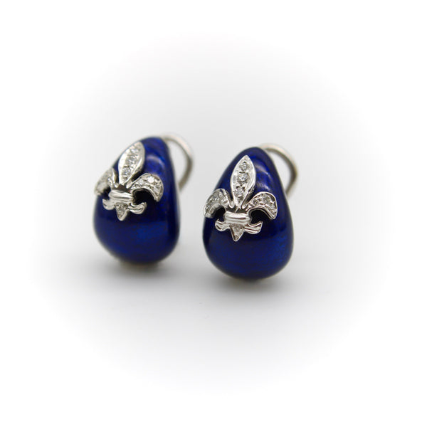 18K White Gold Hidalgo Enamel Fleur-de-lis Diamond Earrings Earrings Kirsten's Corner Jewelry 