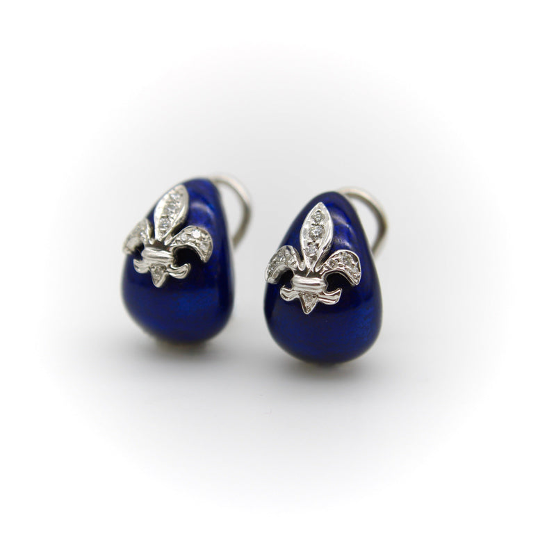 18K White Gold Hidalgo Enamel Fleur-de-lis Diamond Earrings Earrings Kirsten's Corner Jewelry 