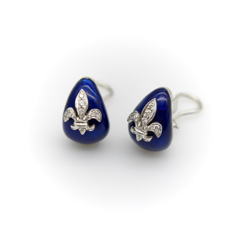 18K White Gold Hidalgo Enamel Fleur-de-lis Diamond Earrings Earrings Kirsten's Corner Jewelry 