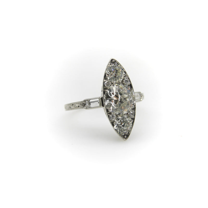 Edwardian Platinum Old European Cut Diamond Navette Shaped Ring RING Kirsten's Corner 