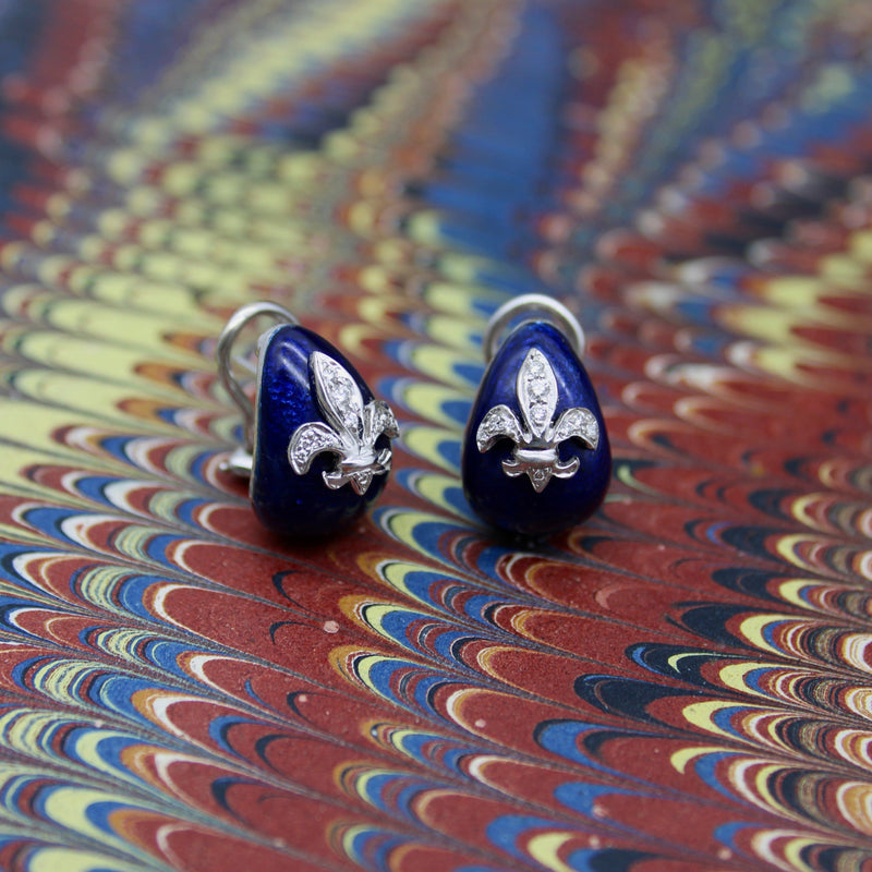 18K White Gold Hidalgo Enamel Fleur-de-lis Diamond Earrings Earrings Kirsten's Corner Jewelry 