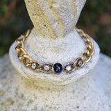 Victorian 14K Gold Curb Link Bracelet with No-Heat Sugarloaf Sapphire and Old Mine Cut Diamonds Bracelet Kirsten's Corner 