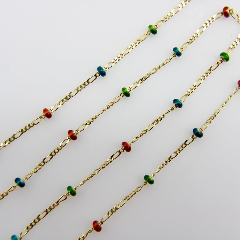 14K Gold Baby Figaro Link Chain with Colorful Enamel Gold Beads jewelry Kirsten's Corner 