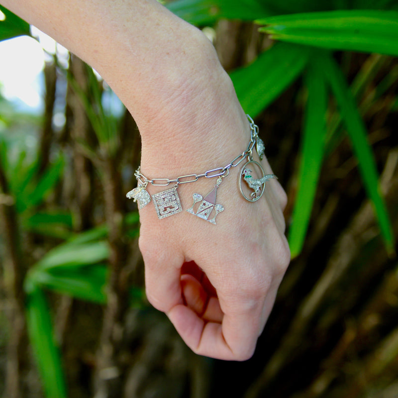 Edwardian Platinum Diamond Encrusted Fanciful Charm Bracelet jewelry Kirsten's Corner 