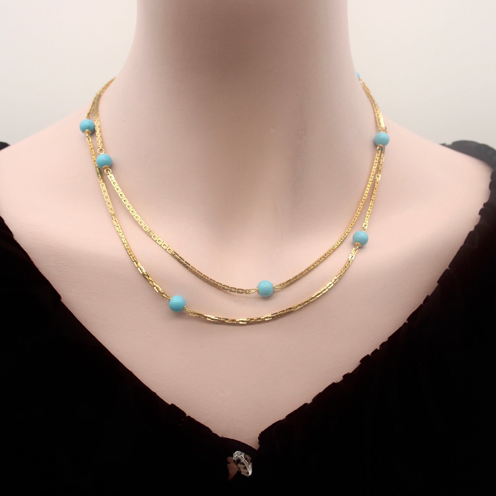 Vintage OMEGA Chain Faux turquoise Gold Tone Beaded Necklace or Belt 14K Gold Turquoise Bead Chain, Unique Station Necklace with  main image 2