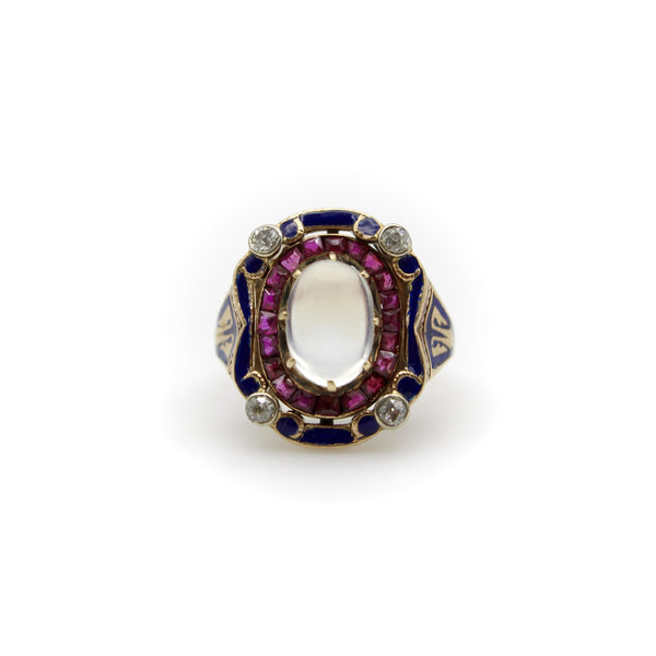 Victorian Moonstone Ruby Diamond and Enameled 14K Gold Ring jewelry Kirsten's Corner 
