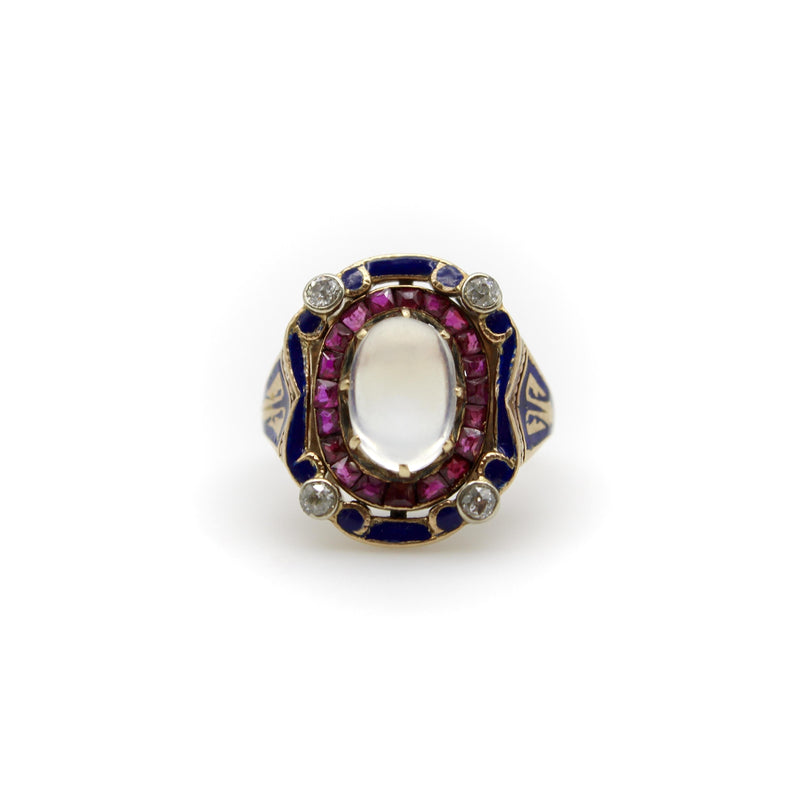 Victorian Moonstone Ruby Diamond and Enameled 14K Gold Ring jewelry Kirsten's Corner 
