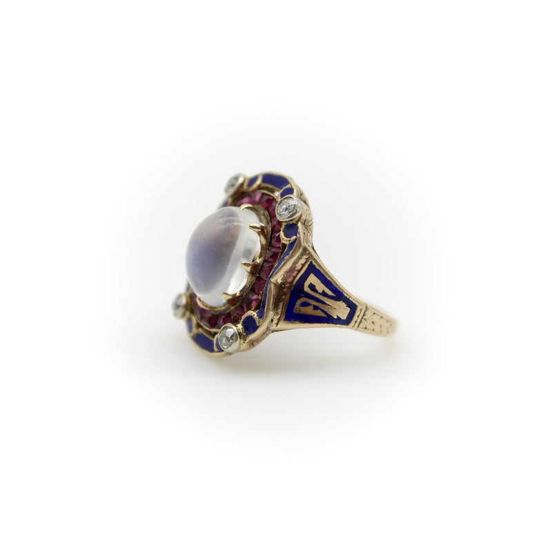 Victorian Moonstone Ruby Diamond and Enameled 14K Gold Ring jewelry Kirsten's Corner 