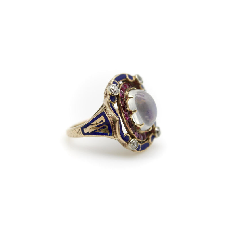 Victorian Moonstone Ruby Diamond and Enameled 14K Gold Ring jewelry Kirsten's Corner 