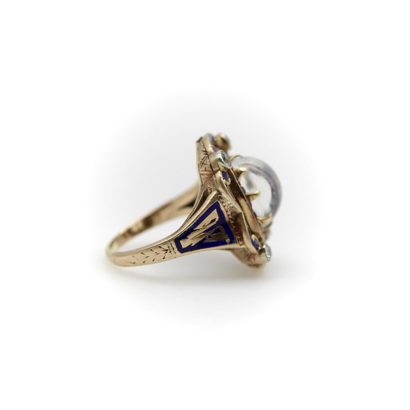 Victorian Moonstone Ruby Diamond and Enameled 14K Gold Ring jewelry Kirsten's Corner 