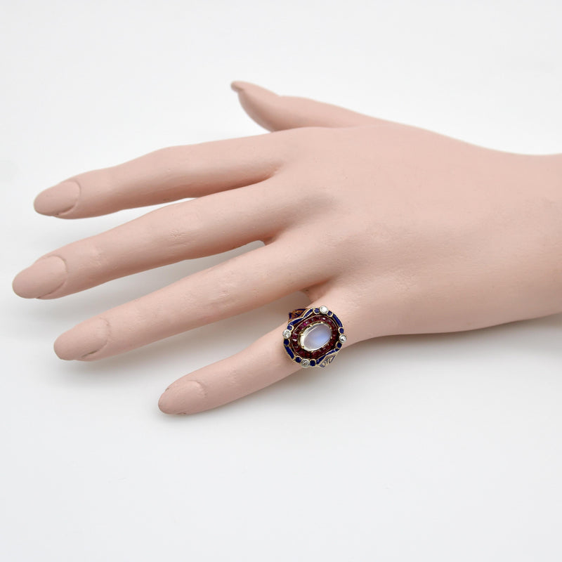 Victorian Moonstone Ruby Diamond and Enameled 14K Gold Ring jewelry Kirsten's Corner 