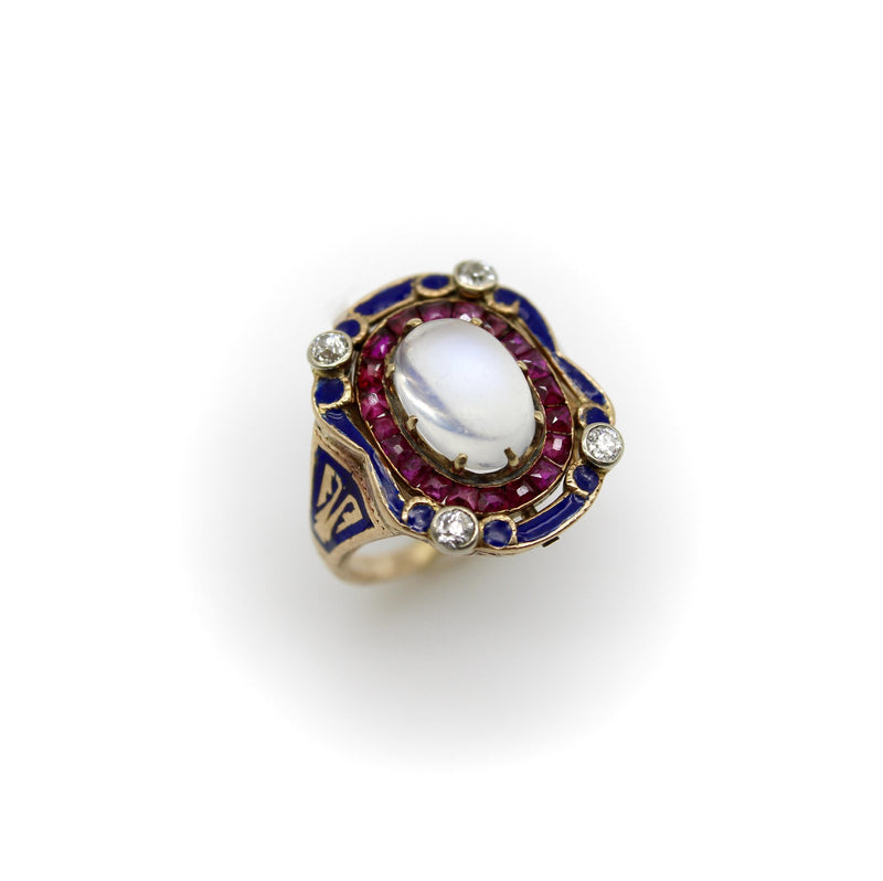 Victorian Moonstone Ruby Diamond and Enameled 14K Gold Ring jewelry Kirsten's Corner 