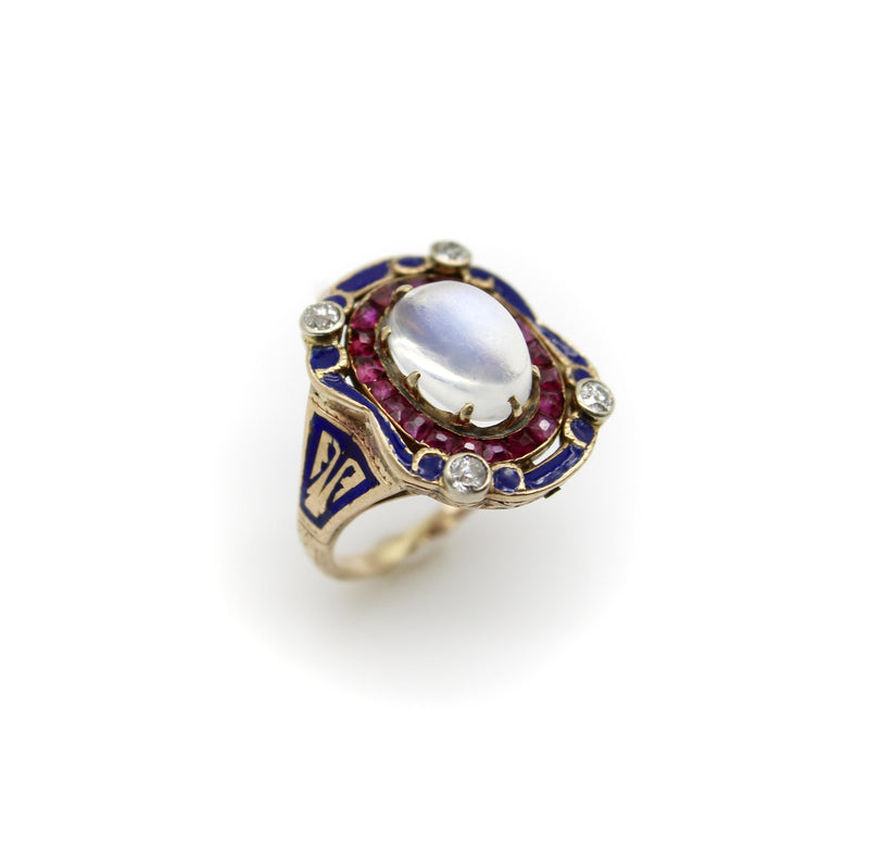 Victorian Moonstone Ruby Diamond and Enameled 14K Gold Ring jewelry Kirsten's Corner 