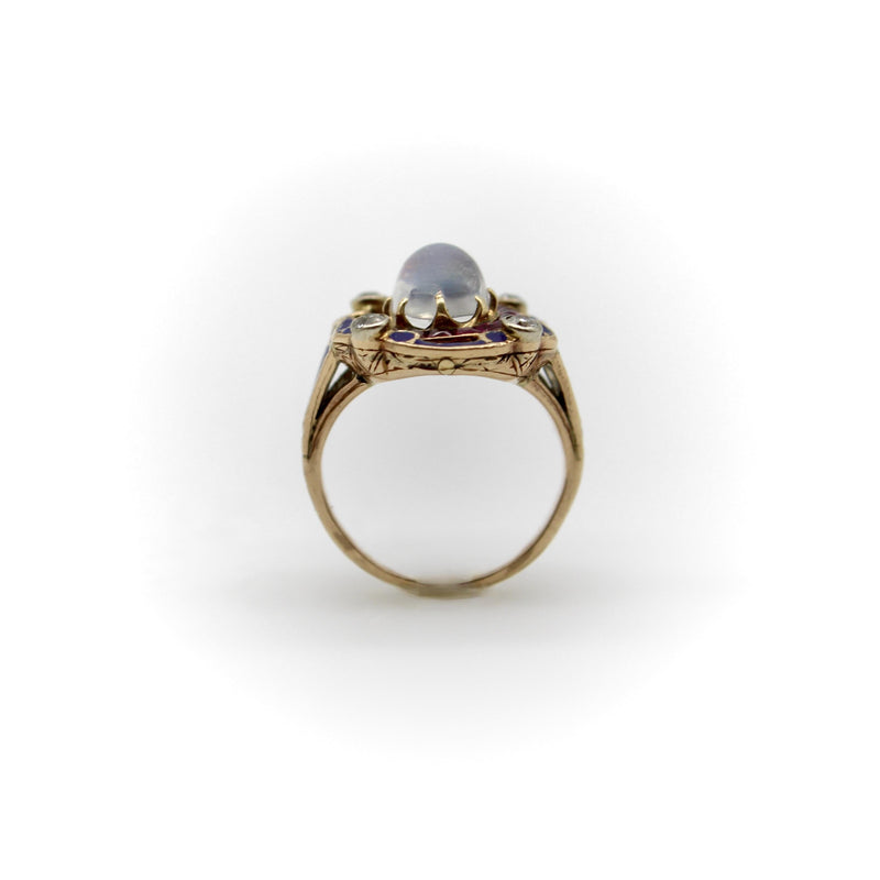 Victorian Moonstone Ruby Diamond and Enameled 14K Gold Ring jewelry Kirsten's Corner 