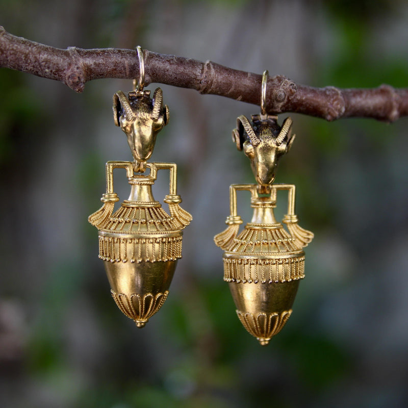 Etruscan Revival Ram’s Head and Amphora 14K Gold Cannetille Earrings jewelry Kirsten's Corner 