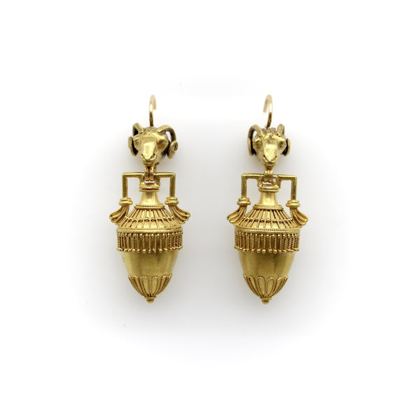 Etruscan Revival Ram’s Head and Amphora 14K Gold Cannetille Earrings jewelry Kirsten's Corner 