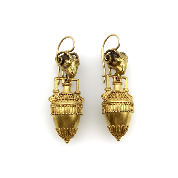 Etruscan Revival Ram’s Head and Amphora 14K Gold Cannetille Earrings jewelry Kirsten's Corner 