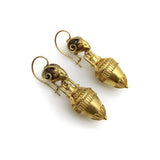 Etruscan Revival Ram’s Head and Amphora 14K Gold Cannetille Earrings jewelry Kirsten's Corner 