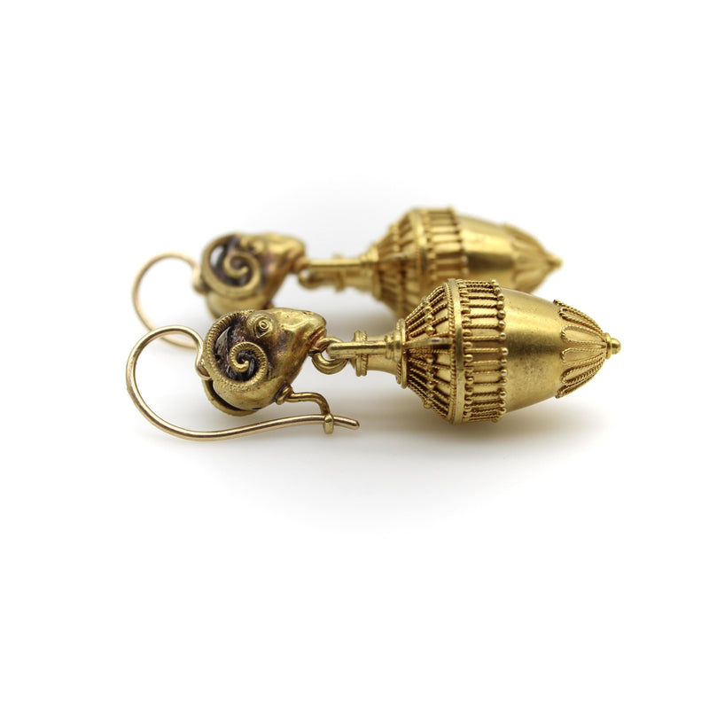 Etruscan Revival Ram’s Head and Amphora 14K Gold Cannetille Earrings jewelry Kirsten's Corner 