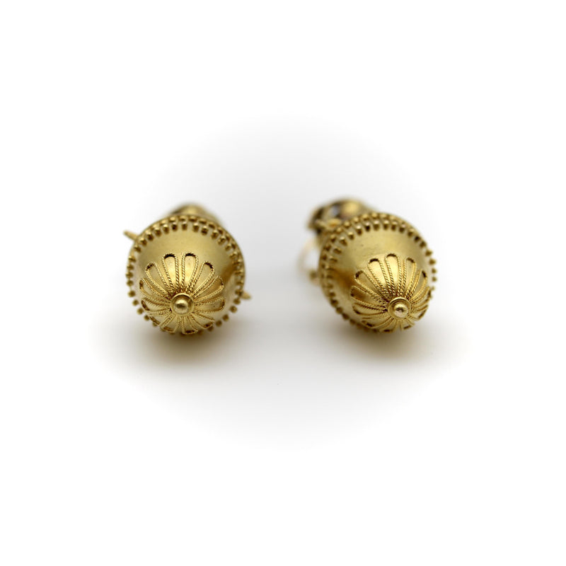 Etruscan Revival Ram’s Head and Amphora 14K Gold Cannetille Earrings jewelry Kirsten's Corner 