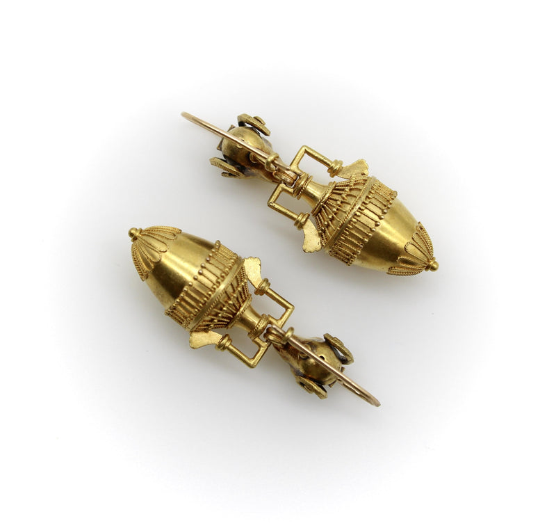 Etruscan Revival Ram’s Head and Amphora 14K Gold Cannetille Earrings jewelry Kirsten's Corner 