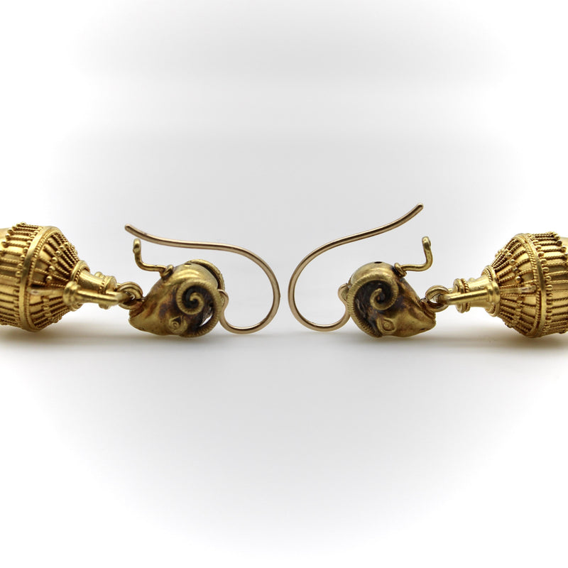 Etruscan Revival Ram’s Head and Amphora 14K Gold Cannetille Earrings jewelry Kirsten's Corner 