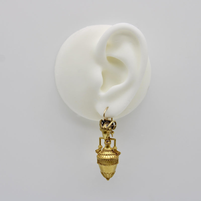 Etruscan Revival Ram’s Head and Amphora 14K Gold Cannetille Earrings jewelry Kirsten's Corner 